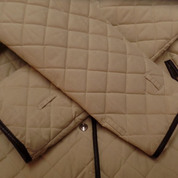Coach Women's Bone Colored Quilted Puffer Jacket W Brown Leather Trim Snap Up S - Picture 6 of 10